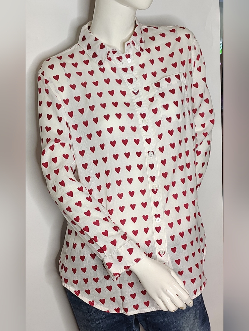 Burberry London Red Heart Print Linen Shirt Sz Large - Picture 3 of 16